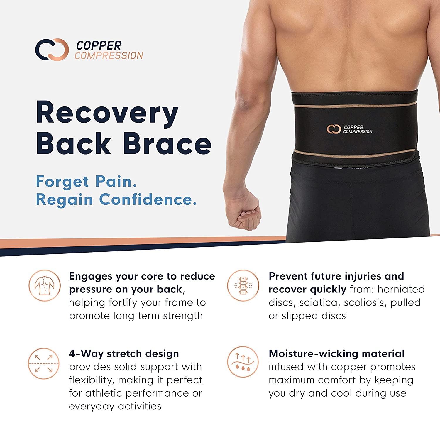 Revolutionize Your Comfort: Copper-Infused Lower Back Lumbar Support Brace - Wear Anywhere, Anytime! (Fits Waist 28" - 38")